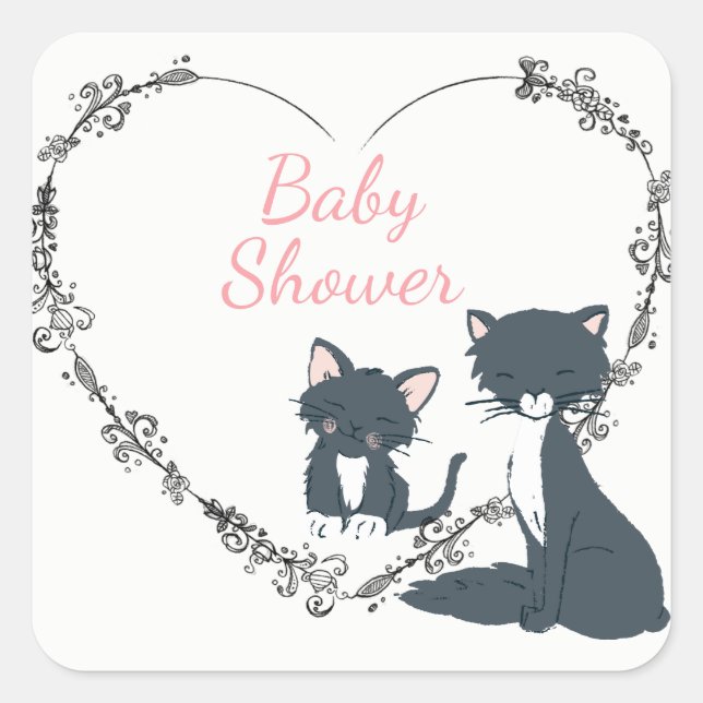 Pretty Cat, Kitten, Flower Heart Girls Baby Shower Square Sticker (Front)