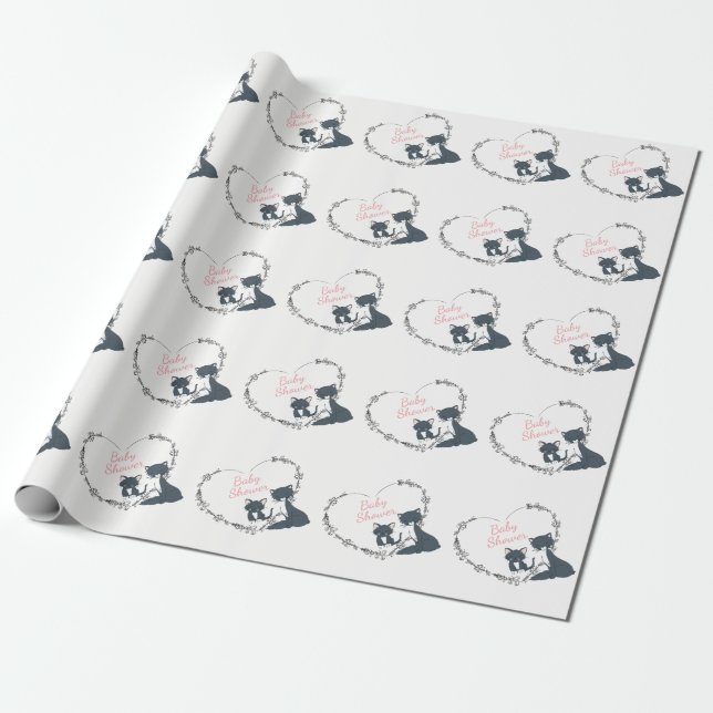 Pretty Cat, Kitten, Flower Heart Girls Baby Shower Wrapping Paper (Unrolled)