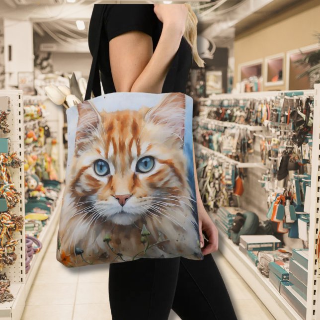 Pretty Cat Kitty Face Cat Lover's Tote Bag (Cat's Gaze Watercolor All- Over Printed Tote)