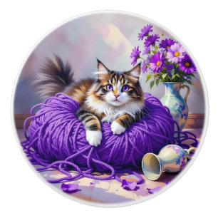 Pretty Cat with Purple Flowers and Yarn   Ceramic Knob