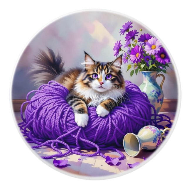 Pretty Cat with Purple Flowers and Yarn   Ceramic Knob (Front)