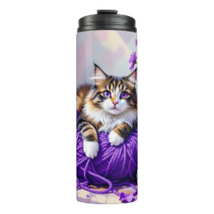 Pretty Cat with Purple Flowers and Yarn   Thermal Tumbler