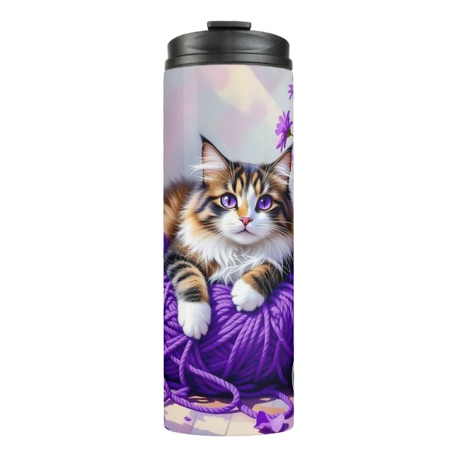 Pretty Cat with Purple Flowers and Yarn   Thermal Tumbler (Front)