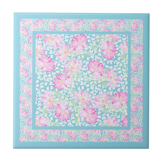 Pretty Ceramic Tile, Pink Roses, White Butterflies Tile (Front)