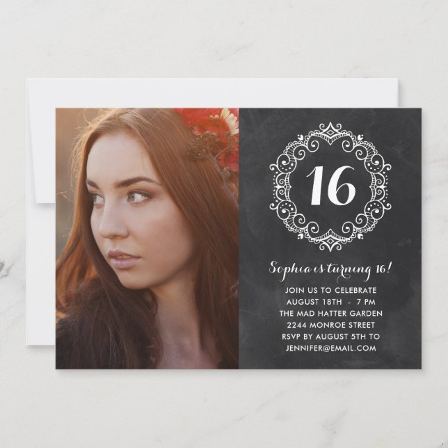 Pretty Chalkboard | Photo Sweet Sixteen Birthday Invitation (Front)