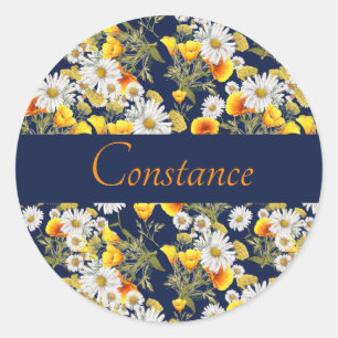 Pretty Chamomile & Poppies Pattern Personalised  Classic Round Sticker