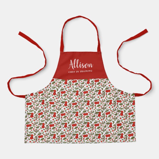 Pretty Cherry Berries Pattern Girls Chef Training Apron (Front)