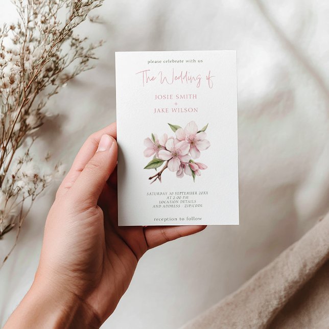 Pretty cherry blossom flower wedding invitation (Cherry blossom, watercolor, wedding invitation, pink, white and green)