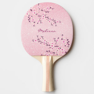 Pretty Cherry Blossom Pink Glitter Monogram Floral Ping Pong Paddle