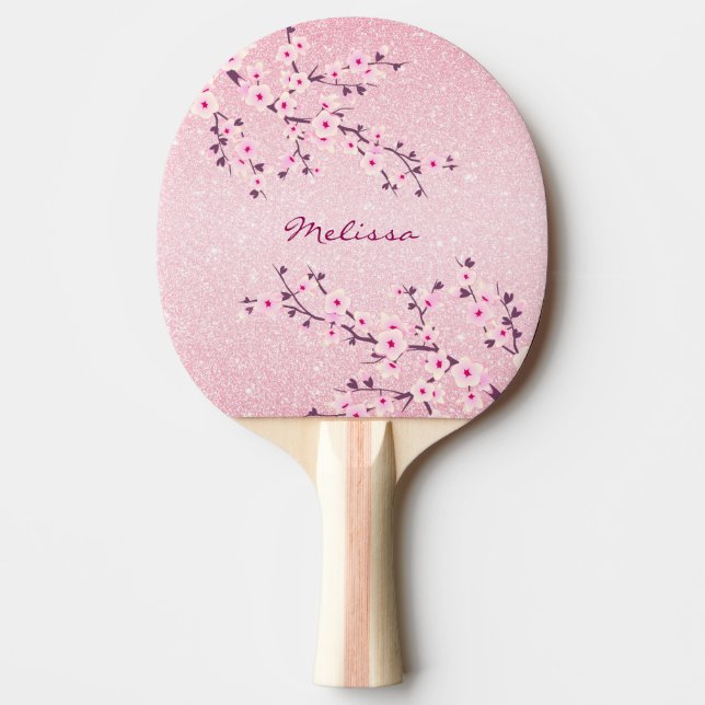 Pretty Cherry Blossom Pink Glitter Monogram Floral Ping Pong Paddle (Front)
