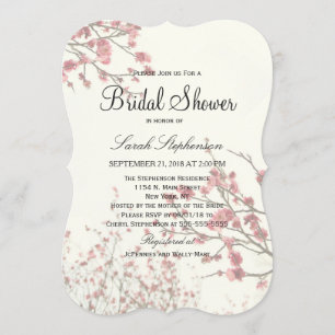 Pretty Cherry Blossom Trees on Elegant White Invitation