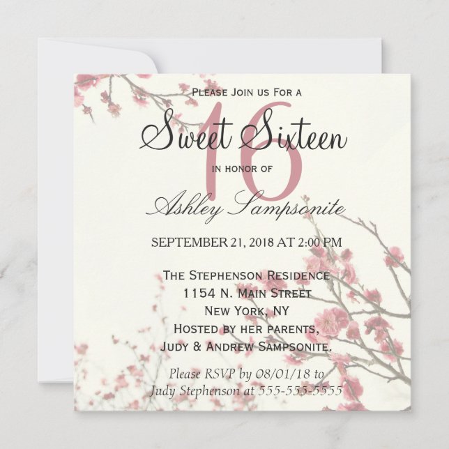 Pretty Cherry Blossom Trees on Elegant White Invitation (Front)