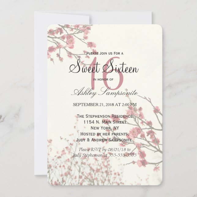 Pretty Cherry Blossom Trees on Elegant White Invitation (Front)