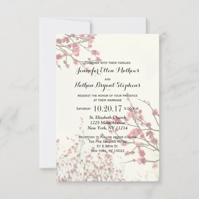 Pretty Cherry Blossom Trees on Elegant White Invitation (Front)
