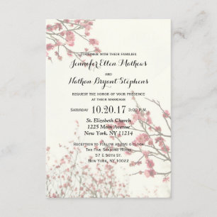 Pretty Cherry Blossom Trees on Elegant White Invitation