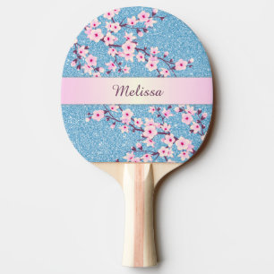 Pretty Cherry Blossoms Blue Glitter Monogram Ping Pong Paddle