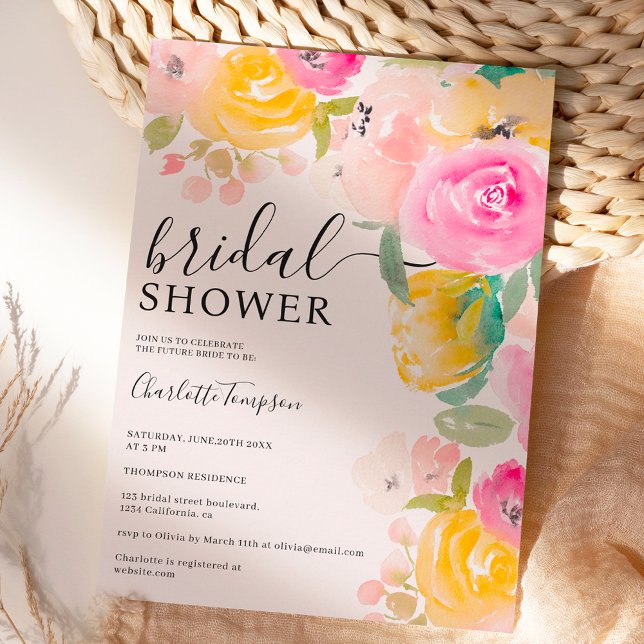 Pretty chic garden floral watercolor bridal shower invitation (Pretty chic garden floral watercolor bridal shower invitation on pink)