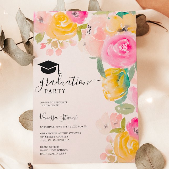 Pretty chic garden floral watercolor graduation invitation (Pretty chic garden floral watercolor graduation invitation)