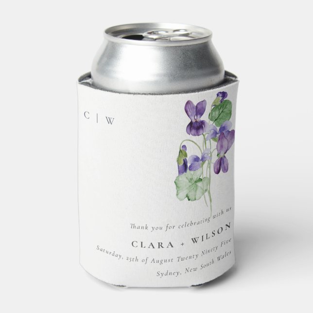 Pretty Chic Monogram Violet Floral Bunch Wedding Can Cooler (Can Front)