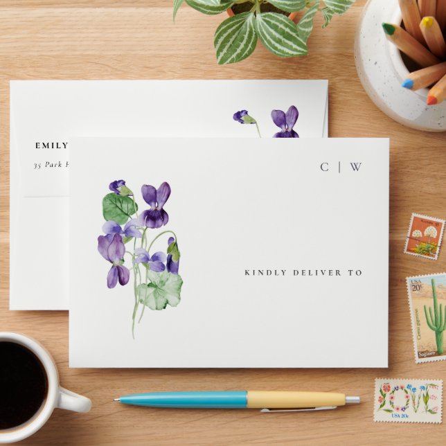 Pretty Chic Monogram Violet Floral Bunch Wedding Envelope (Desk)