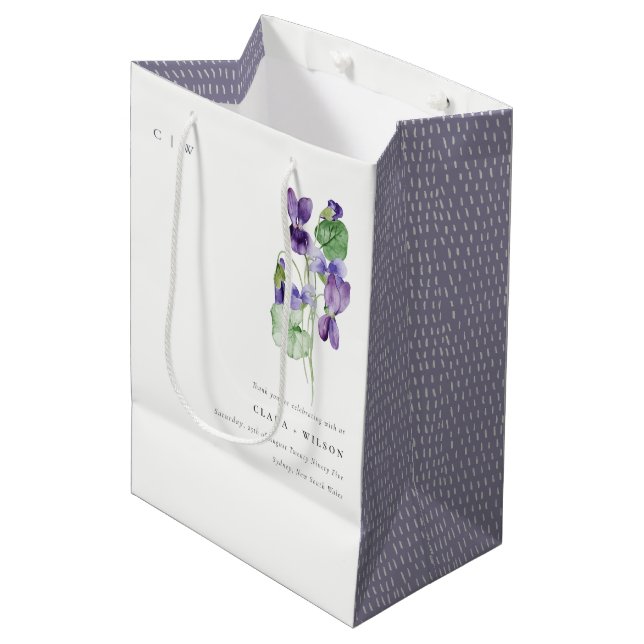 Pretty Chic Monogram Violet Floral Bunch Wedding Medium Gift Bag (Front Angled)