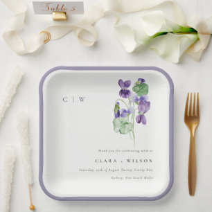 Pretty Chic Monogram Violet Floral Bunch Wedding Paper Plate