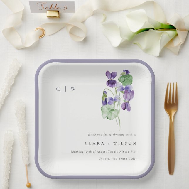 Pretty Chic Monogram Violet Floral Bunch Wedding Paper Plate (Wedding)
