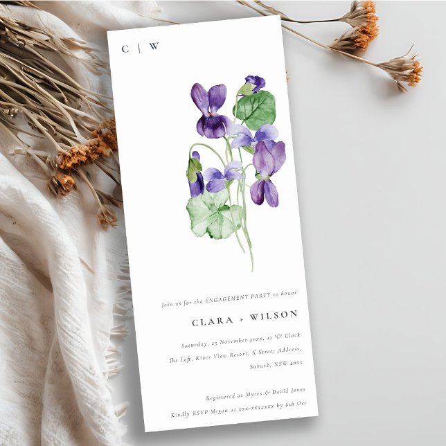 Pretty Chic Monogram Violet Floral Engagement Invitation (Creator Uploaded)