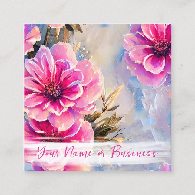 Pretty Chic Pink Flowers Floral Square Business Card (Front)