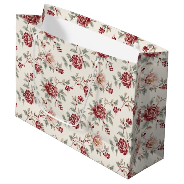 Pretty Chic Red Cream Floral Birthday  Large Gift Bag (Front Angled)