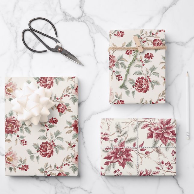Pretty Chic Red Cream Floral Birthday  Wrapping Paper Sheet (Front)