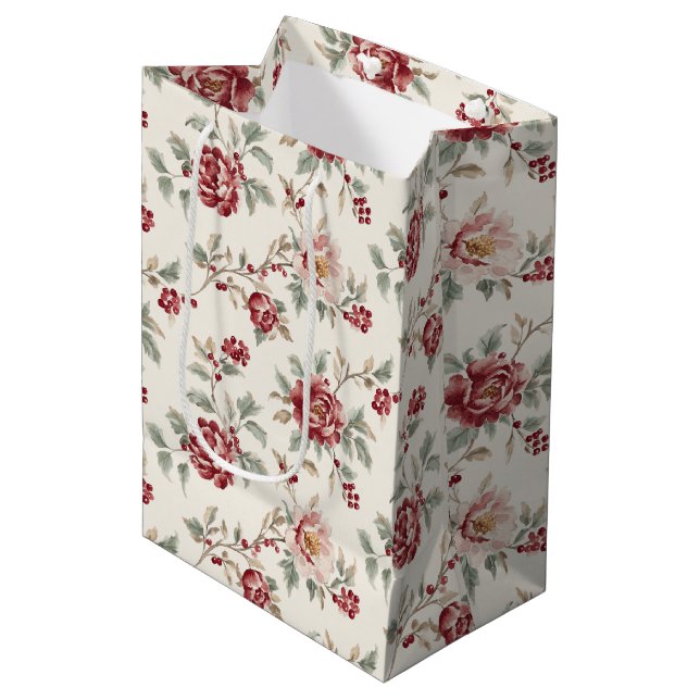 Pretty Chic Red Cream Floral Christmas Medium Gift Bag (Front Angled)