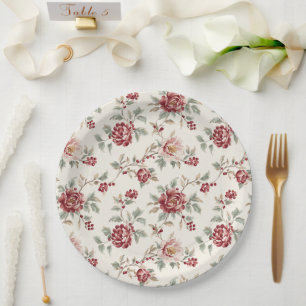 Pretty Chic Red Cream Floral Wedding Paper Plate