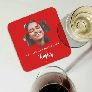 Pretty Chic Red Lucky In Love Irish Shamrock Photo Square Paper Coaster