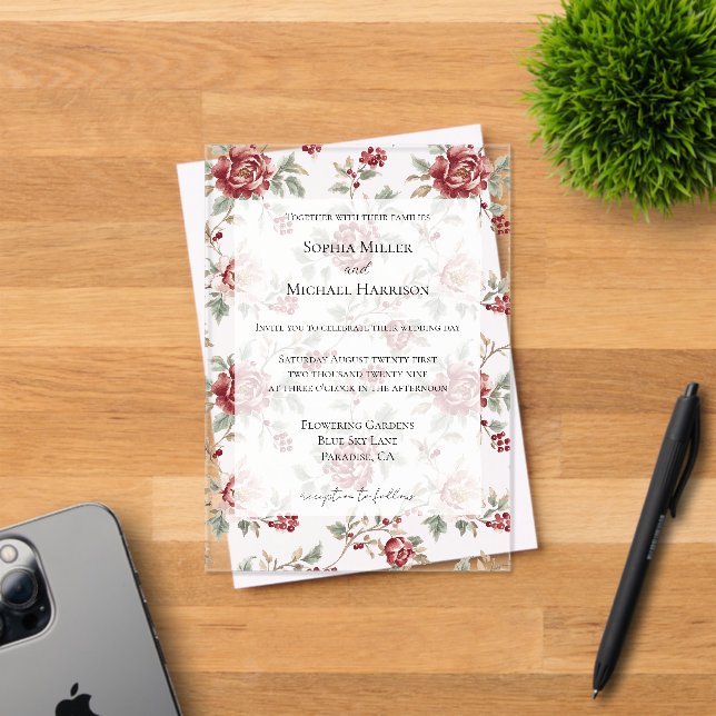 Pretty Chic Red Roses Floral Wedding Acrylic Invitations (Insitu (Invitation Card))