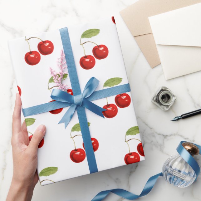 Pretty Chic Retro Red Cherries Pattern On White  Wrapping Paper (Gifting)