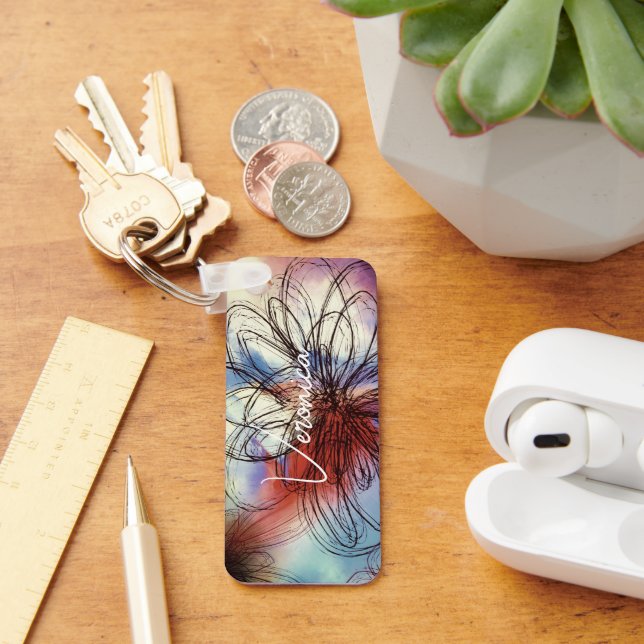 Pretty Chic Watercolor Dahlia Floral Abstract Key Ring (Desk)