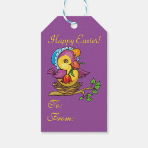 Pretty Chick Nesting Flowers Purple EasterGift Tag