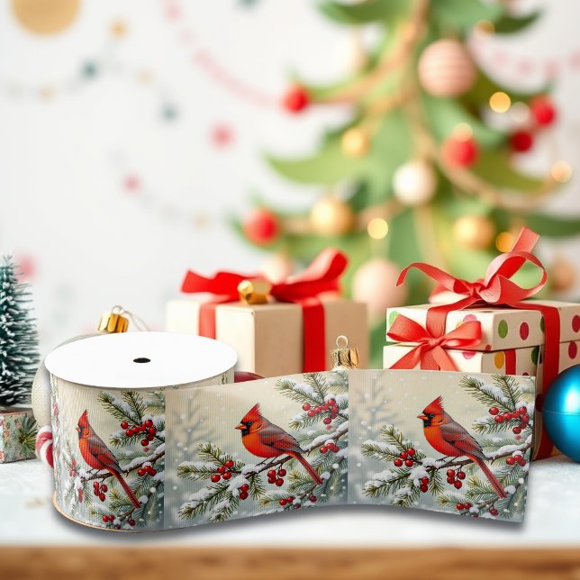 Pretty Christmas Cardinal and Pine Branches Grosgrain Ribbon (Creator Uploaded)