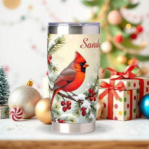Pretty Christmas Cardinal and Pine Branches Insulated Tumbler