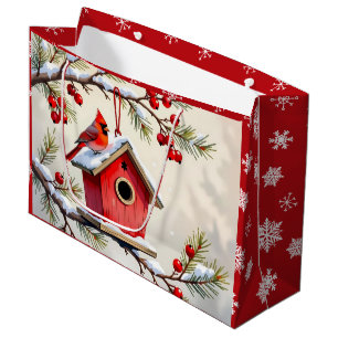 Pretty Christmas Cardinal & Birdhouse Snowflakes Large Gift Bag