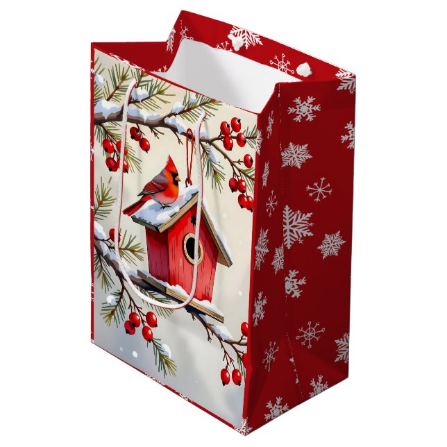 Pretty Christmas Cardinal & Birdhouse Snowflakes Medium Gift Bag (Front Angled)