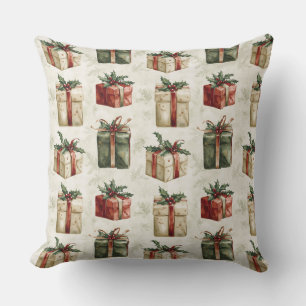 Pretty Christmas Gifts with Ribbons and Holly Cushion