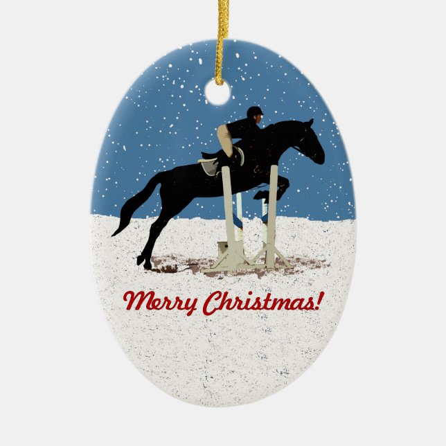 Pretty Christmas Horse Jumping Ceramic Tree Decoration (Front)
