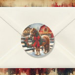 Pretty Christmas Horse on a Festive Farm Classic Round Sticker<br><div class="desc">A pretty brown horse standing in front of a red rustic barn on a farm with a cute red bow.</div>