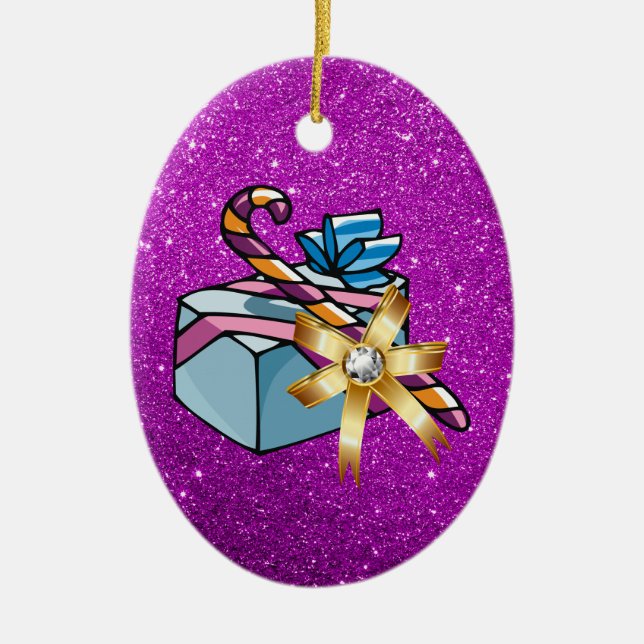 Pretty Christmas Present & Pink Faux Glitter Ceramic Tree Decoration (Front)