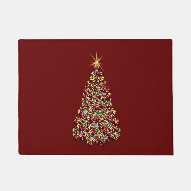 Pretty Christmas Tree Red Background Holiday Decor Doormat (Front)