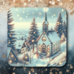 Pretty Church on a Winter Day Christmas Square Sticker<br><div class="desc">Pretty church with sparkly snow falling on it nostalgic vintage Christmas stickers.</div>
