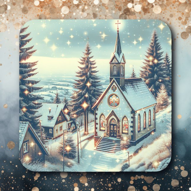 Pretty Church on a Winter Day Christmas Square Sticker (Creator Uploaded)