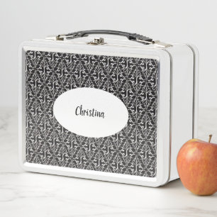 Pretty Classic Black White Scrolled Damask Pattern Metal Lunch Box